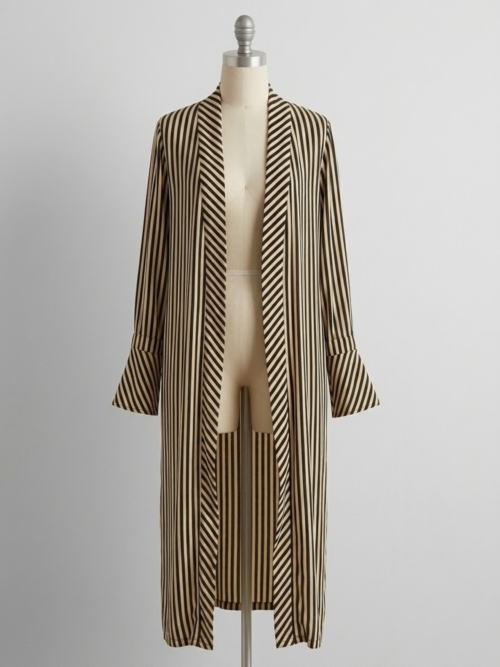 4SI3NNA Striped Duster Cardigan Jacket Black Cream Open Front Maxi Kimono L
